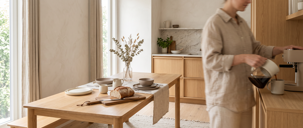 Bright Scandinavian kitchen and dining space