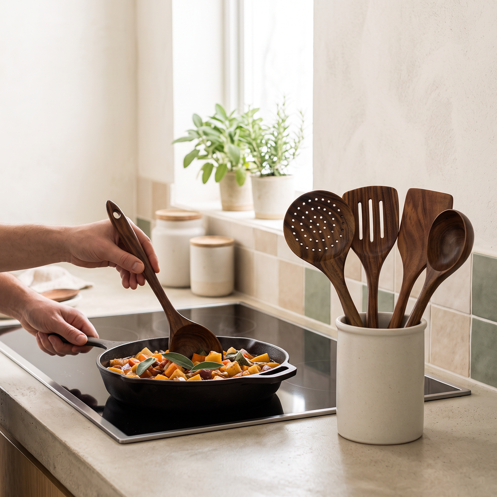 Acacia utensil set in use while cooking