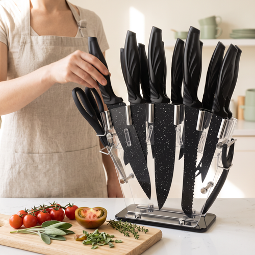 Black knife set on the kitchen counter