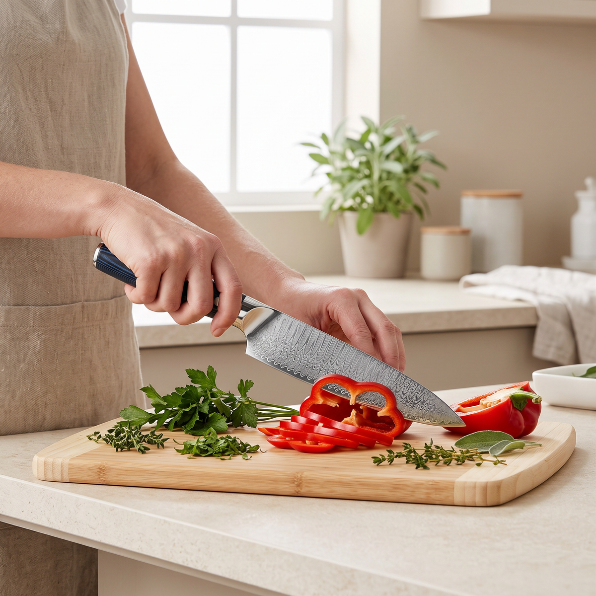 Damascus chef's knife slicing vegetables