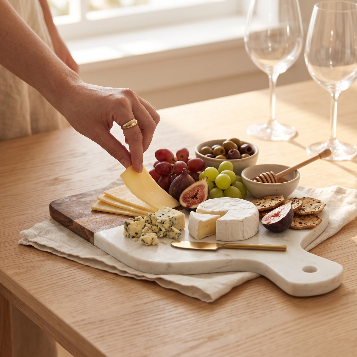 Marble serving board with cheese