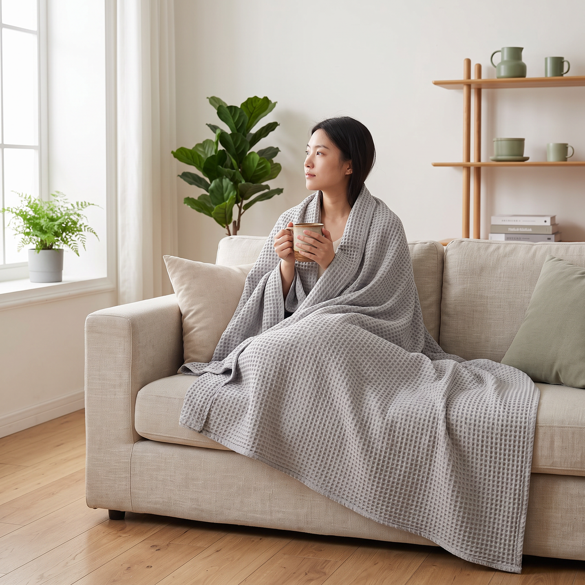 Waffle throw blanket on the sofa