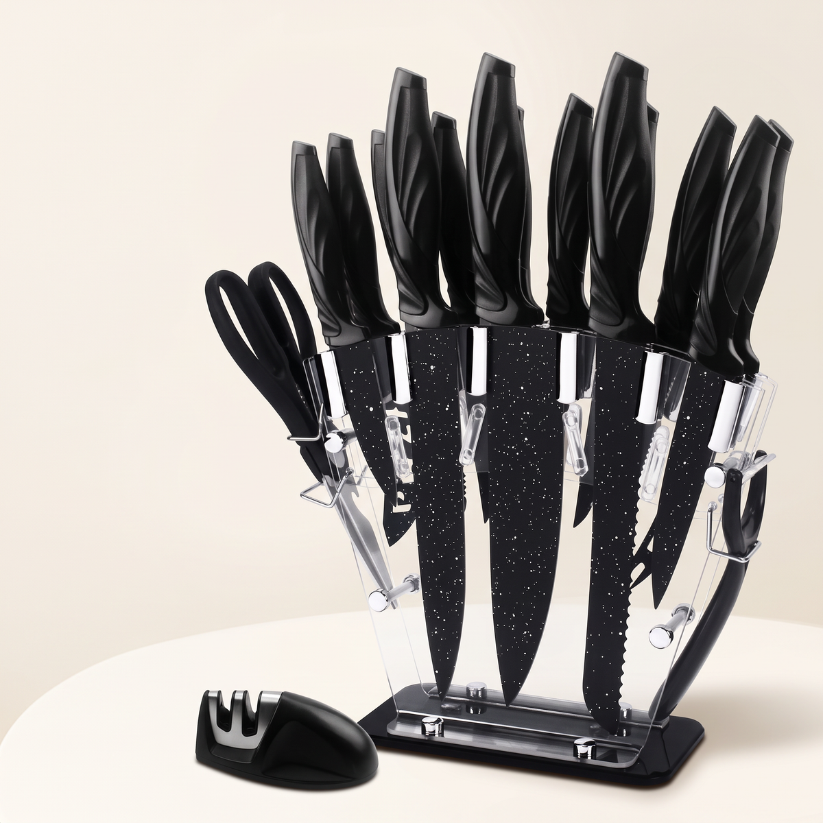 Black kitchen knife set with stand