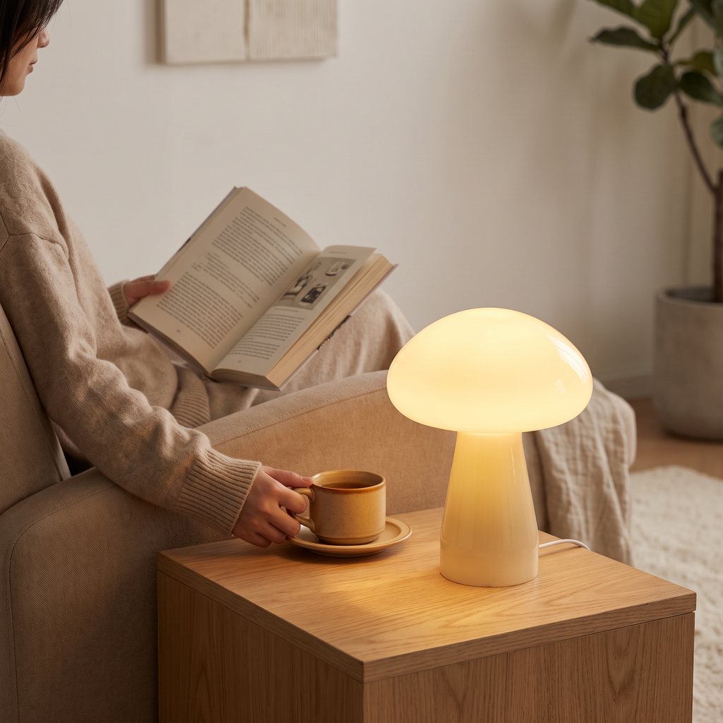 Mushroom lamp glowing beside a reading chair