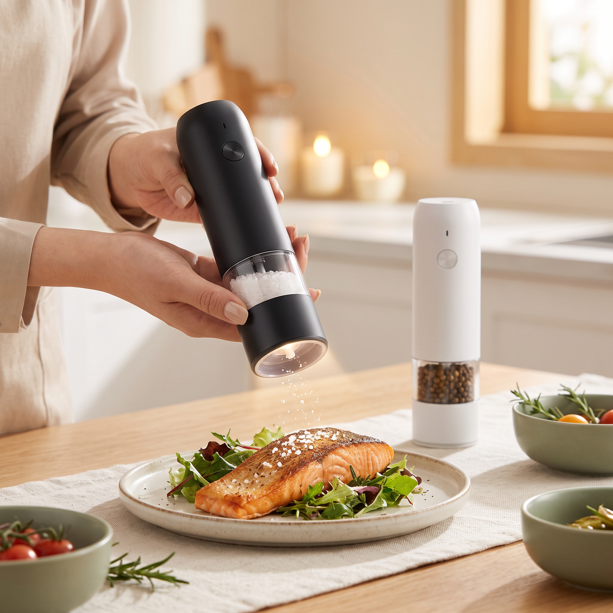 Seasoning salmon with the electric grinder