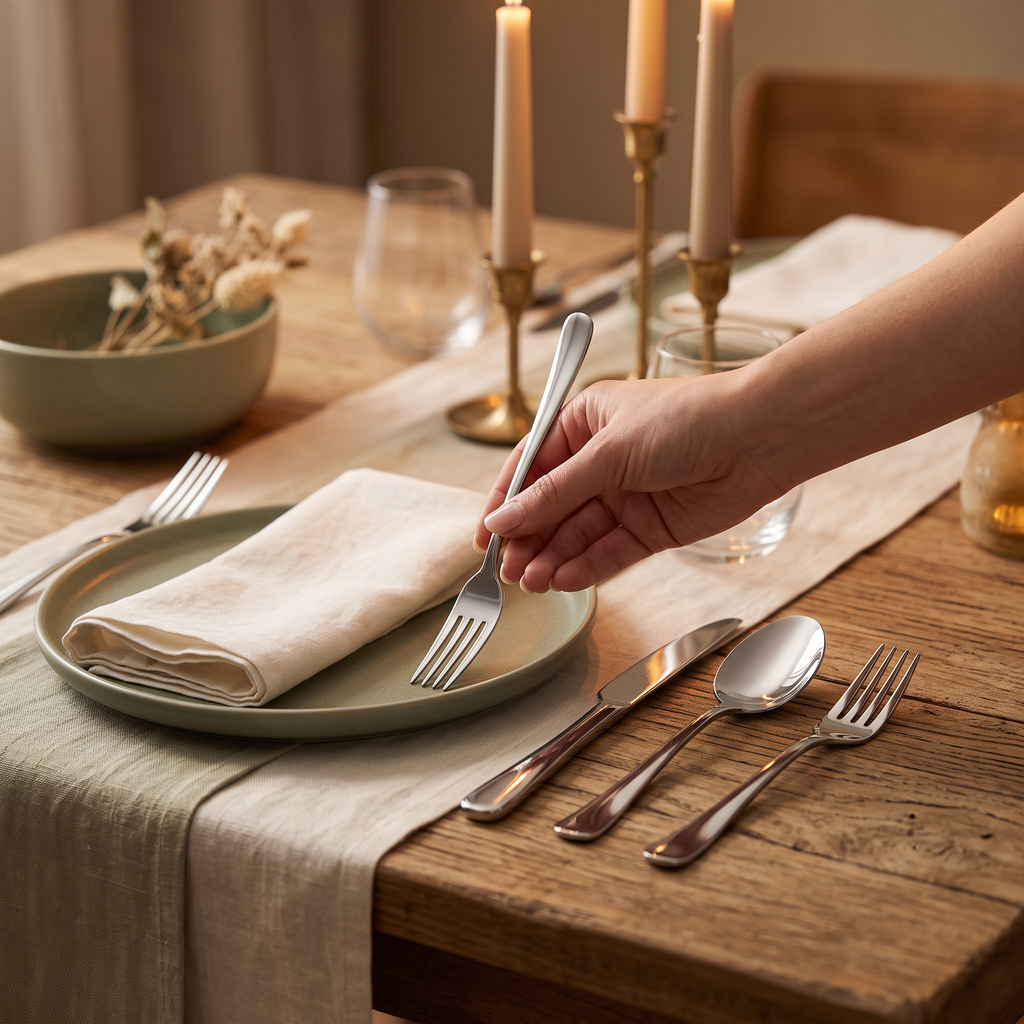Polished cutlery on a dinner table