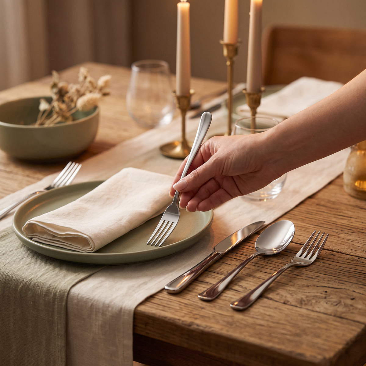 Polished cutlery on a dinner table